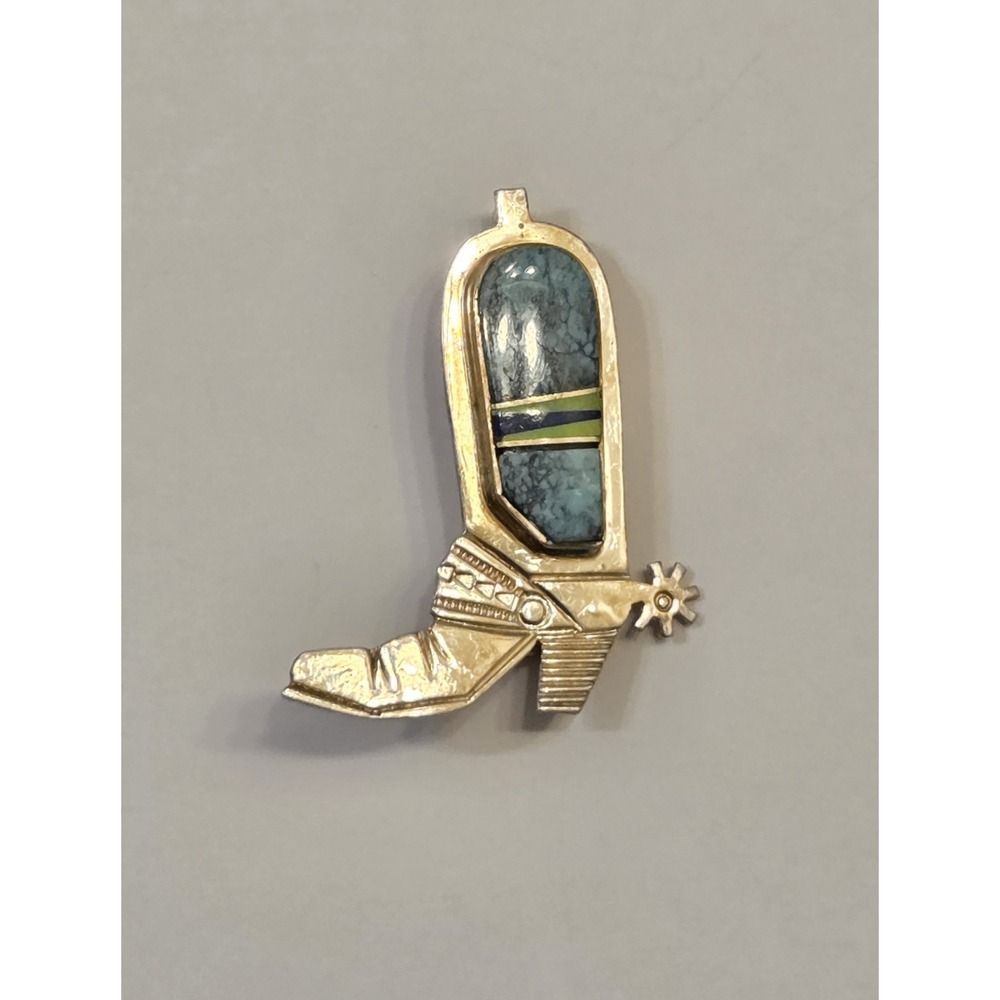 Vintage Robert Vandover Navajo Sterling Silver Turquoise Boot Brooch Signed - Picture 3 of 5